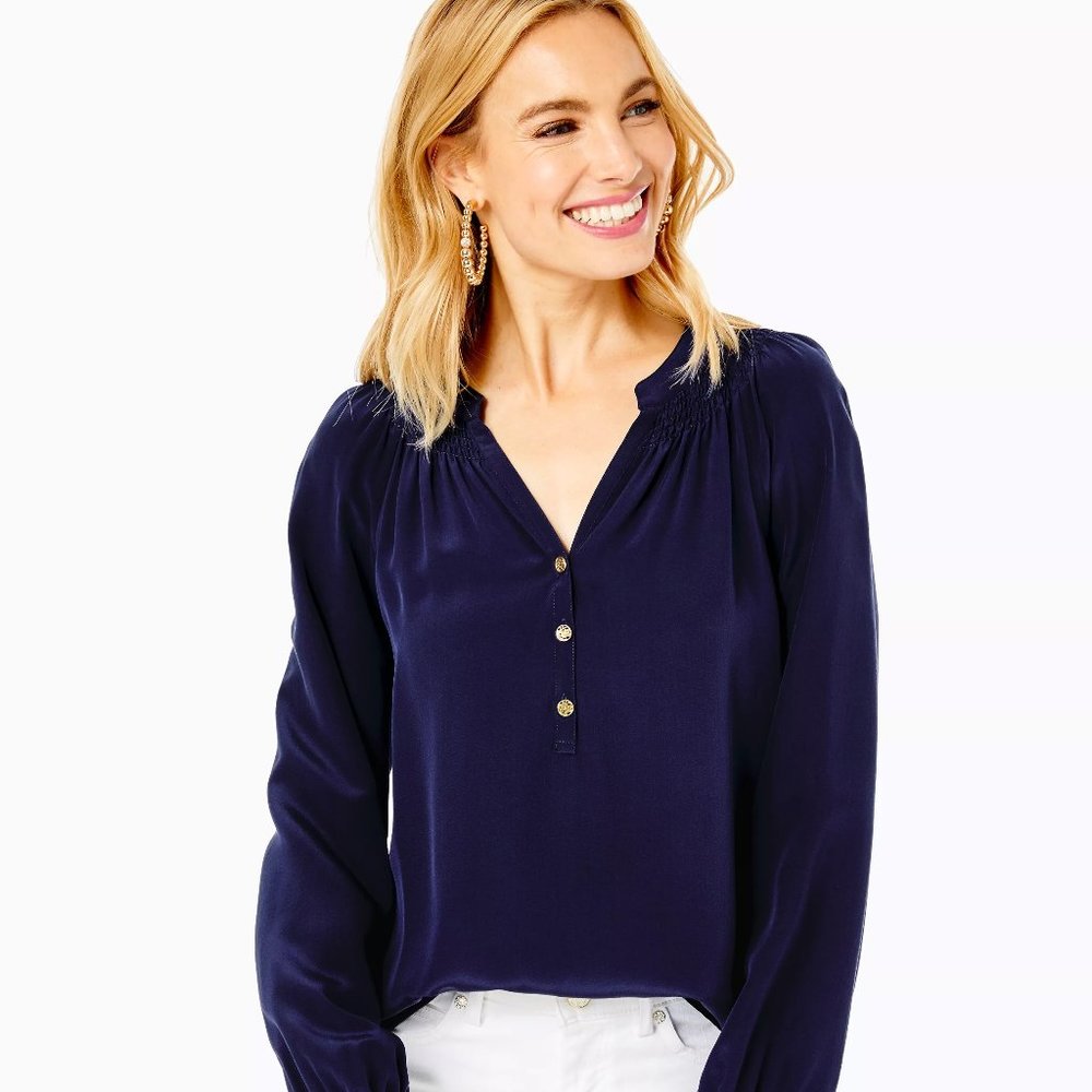 New Lilly Pulitzer Elsa Silk Top, True Navy